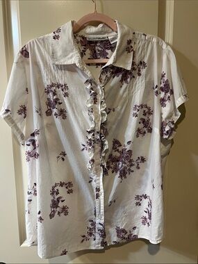 Envision Studio White Button-Down Shirt with Purple Floral Print
